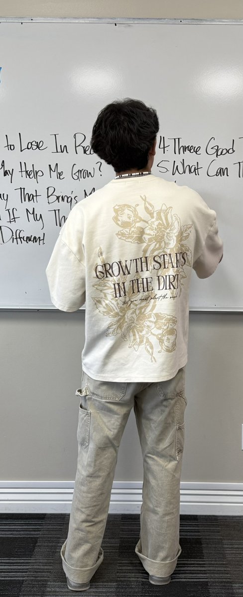 A participant writing on the whiteboard in the treatment group room
